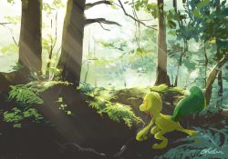 Rule 34 | commentary request, creatures (company), day, foliage, forest, game freak, gen 3 pokemon, highres, light beam, nature, nintendo, no humans, ohdon, outdoors, pokemon, pokemon (creature), signature, solo, tree, treecko