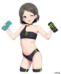 Rule 34 | 1girl, absurdres, armpits, artist name, black choker, black eyes, black hair, black panties, black shirt, black thighhighs, breasts, can, choker, cowboy shot, crop top, energy drink, groin, hair ornament, hairclip, hands up, highres, holding, holding can, idolmaster, idolmaster cinderella girls, light blush, looking at viewer, midriff, monster energy, mrhunking, nail polish, navel, one eye closed, open mouth, panties, print shirt, sasaki chie, shirt, short hair, signature, single-shoulder shirt, single strap, small breasts, smile, solo, stomach, thighhighs, thighs, underwear