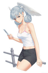 Rule 34 | 1girl, against fence, alternate costume, bare shoulders, black shorts, blue eyes, breasts, buttons, cleavage, closed mouth, collarbone, commentary, cropped legs, eyelashes, fence, grey hair, head wings, highres, holding, holding phone, leaning, light smile, medium breasts, medium hair, melia antiqua, midriff, miura-n315, navel, phone, shirt, shorts, simple background, solo, white background, white shirt, wings, xenoblade chronicles (series), xenoblade chronicles 1