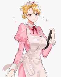 Rule 34 | 1girl, archived source, asymmetrical bangs, bad id, bad twitter id, blonde hair, brown eyes, dress, fullmetal alchemist, hat, holding, joman, juliet sleeves, korean commentary, long sleeves, looking at viewer, nurse, nurse cap, pen, pink dress, pocket, puffy sleeves, riza hawkeye, smile, solo, star (symbol), translation request, upper body, white background, white wrist cuffs, wrist cuffs