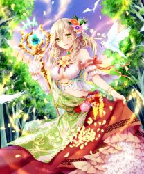 Rule 34 | 1girl, :d, bad id, bad pixiv id, bird, blue sky, bracelet, breasts, bridal gauntlets, brown hair, cleavage, cresce, dove, dress, flower, forest, frilled dress, frills, green eyes, hair between eyes, hair flower, hair ornament, holding, jewelry, looking at viewer, nature, open mouth, original, outdoors, parted lips, pearl bracelet, plant, red dress, ring, shingoku no valhalla gate, short hair, skirt, skirt hold, sky, smile, solo, staff, standing, tree, underboob, wand, wrist cuffs