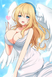 Rule 34 | 10s, 1girl, angel, angel wings, atago (kancolle), beret, blonde hair, blue eyes, blush, breasts, cleavage, dress, eyebrows, feathered wings, feathers, hat, heart, highres, kantai collection, large breasts, long dress, long hair, looking at viewer, nanairo fuuka, open mouth, smile, solo, wings