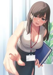 Rule 34 | 1girl, bare shoulders, black hair, blush, breasts, brown eyes, cleavage, commentary request, earrings, ese shinshi, highres, jewelry, large breasts, mole, mole under eye, office lady, open mouth, original, pencil skirt, plant, potted plant, skirt, sleeves past wrists, solo
