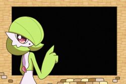 Rule 34 | 1girl, black background, bob cut, brick wall, colored skin, creatures (company), female focus, from behind, game freak, gardevoir, gen 3 pokemon, green hair, green skin, hair over one eye, hand up, happy, highres, index finger raised, indoors, looking at viewer, looking back, multicolored skin, nintendo, one eye covered, open mouth, pokemon, pokemon (creature), red eyes, short hair, smile, solo, standing, template, two-tone skin, upper body, white skin, yuri (fl0werspace)
