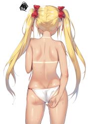 Rule 34 | 1girl, adjusting clothes, adjusting swimsuit, alexmaster, annoyed, ass, back, bare shoulders, bikini, bikini tan, blonde hair, butt crack, facing away, hair ornament, highres, long hair, original, shiny skin, simple background, solo, standing, sweat, swimsuit, tan, tanline, topless, twintails, untied bikini, white background, white bikini