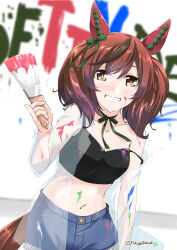 Rule 34 | 1girl, animal ears, black shirt, blue shorts, blurry, blurry background, blush, breasts, brown hair, camisole, cleavage, collarbone, crop top, grin, hand up, holding, holding paintbrush, horse ears, horse girl, horse tail, jacket, looking at viewer, medium hair, midriff, mikage takashi, multicolored hair, navel, neck ribbon, nice nature (umamusume), open clothes, open jacket, paint on clothes, paintbrush, ribbon, see-through, see-through jacket, shirt, shorts, small breasts, smile, solo, strap slip, streaked hair, tail, twintails, twitter username, umamusume, upper body, yellow eyes