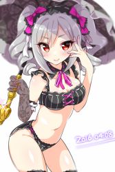 Rule 34 | 10s, 1girl, 2016, bikini, black bikini, blurry, dated, depth of field, detached collar, drill hair, elbow gloves, gloves, gothic lolita, hairband, hand on own face, idolmaster, idolmaster cinderella girls, kanzaki ranko, lace, lace gloves, lolita fashion, lolita hairband, looking at viewer, parasol, red eyes, ribbon-trimmed bikini, ribbon-trimmed gloves, ribbon trim, silver hair, single elbow glove, smile, solo, sparkle, striped bikini, striped clothes, swimsuit, trente, twin drills, umbrella, vertical-striped bikini, vertical-striped clothes