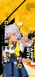 Rule 34 | 1girl, :p, breasts, cake, carole peppers, character name, english text, fingerless gloves, food, gloves, grey hair, hand on own hip, happy birthday, heart, highres, honkai (series), honkai impact 3rd, looking at viewer, medium breasts, official art, official wallpaper, one eye closed, pink ribbon, ribbon, short hair, solo, speech bubble, three-finger salute, tongue, tongue out, upper body, yellow eyes