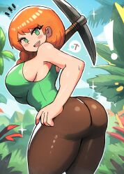 Rule 34 | !, 1girl, absurdres, alex (minecraft), ass, blush, braid, breasts, brown pants, cloud, from behind, grass, green eyes, green shirt, hand on own hip, highres, holding, huge ass, large breasts, long hair, looking at viewer, looking back, minecraft, mountain, open mouth, orange hair, palm tree, pants, pickaxe, shirt, side braid, sky, smile, sparkle, speech bubble, standing, tank top, teeth, thick thighs, thighs, tony welt, tree