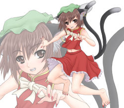 Rule 34 | 1girl, animal ears, bare shoulders, barefoot, brown eyes, brown hair, cat ears, cat girl, cat tail, chen, china dress, chinese clothes, claws, dress, earrings, feet, female focus, fingernails, hat, jewelry, kuro suto sukii, long fingernails, long toenails, midriff, multiple tails, nail polish, navel, red nails, short hair, solo, tail, toenail polish, toenails, touhou, zoom layer