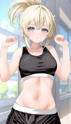 Rule 34 | 1girl, alternate costume, bare arms, bare shoulders, black shorts, black sports bra, blonde hair, blue eyes, blurry, blurry background, clenched hand, hands up, highres, hololive, indoors, kazama iroha, looking ahead, midriff, nail polish, navel, pink nails, ponytail, short shorts, shorts, solo, sports bra, stomach, upper body, virtual youtuber, wakaunderblade7
