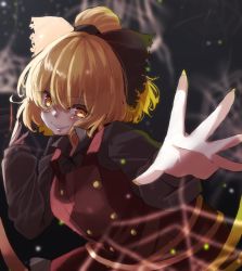 Rule 34 | 1girl, absurdres, blonde hair, blurry, bow, brown dress, dress, fingernails, gumi (fwjn7284), hair bow, highres, kurodani yamame, nail polish, open hand, outstretched arm, outstretched hand, short hair, solo, touhou