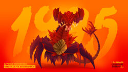 Rule 34 | character name, destoroyah, full body, glowing, glowing eyes, godzilla (series), godzilla vs. destoroyah, greco westermann, highres, kaijuu, no humans, orange background, red background, simple background, spikes, tail, toho, yellow eyes