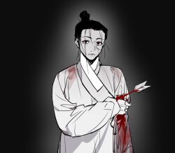 Rule 34 | 1boy, a-junk, arrow (projectile), bandages, black hair, blood, blood on clothes, blood on face, chinese clothes, closed mouth, grey background, hair bun, hair pulled back, hanfu, highres, holding, injury, jiaoling ruqun, long sleeves, looking at viewer, male focus, original, red eyes, simple background, single hair bun, solo, topknot, wide sleeves