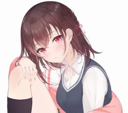 Rule 34 | 1girl, black socks, black vest, blush, braid, breasts, brown hair, closed mouth, collarbone, collared shirt, expressionless, fingernails, french braid, hair ribbon, hand on own knee, head tilt, highres, jacket, knee up, kneehighs, lebring, looking at viewer, medium breasts, original, pink jacket, red eyes, red ribbon, removing jacket, ribbon, shirt, short hair, simple background, sitting, socks, solo, symbol-only commentary, upper body, vest, white background, white shirt