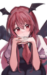Rule 34 | 1girl, :/, bat wings, black dress, blush, commentary request, dress, expressionless, hair between eyes, hair down, hands up, head rest, head wings, highres, interlocked fingers, koakuma, kosaka sakasa, long hair, looking at viewer, necktie, one-hour drawing challenge, own hands together, puffy short sleeves, puffy sleeves, red eyes, red hair, red necktie, shirt, short sleeves, sketch, sleeveless, sleeveless dress, solo, touhou, upper body, very long hair, white background, white shirt, wings