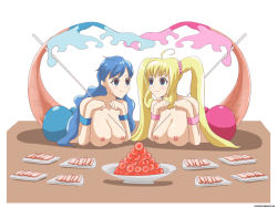 Rule 34 | 2girls, artist name, blonde hair, blue eyes, blue hair, blue tail, border, breasts, death, egg, email address, empty eyes, food, guro, hair ornament, houshou hanon, long hair, lying, medium breasts, mermaid, mermaid melody pichi pichi pitch, monster girl, multiple girls, nanami lucia, nipples, on stomach, pink tail, roe, stab, tail, twintails, veiled616, white background, white border