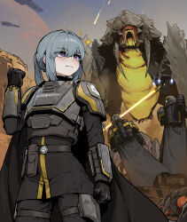 Rule 34 | 1girl, 2others, armor, bile titan, black cape, black gloves, black pants, blue hair, blush, bug, cape, clenched hand, commentary, cosplay, drone, english commentary, friendly fire, gloves, gogalking, gun, hand up, helldiver (helldivers), helldivers (series), helmet, highres, holding, holding gun, holding weapon, laser, long hair, military uniform, monster, multiple others, original, pants, planet, ponytail, portia (gogalking), pouch, purple eyes, smile, terminid (helldivers), uniform, weapon