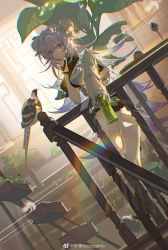 Rule 34 | 1girl, arknights, artist name, backlighting, bare legs, bird, black socks, boots, bracelet, breasts, bun cover, day, double bun, dutch angle, gloves, gradient hair, green gloves, hair bun, hand on own cheek, hand on own face, highres, indoors, jewelry, knee boots, kneehighs, leg up, long hair, long sleeves, looking at viewer, medium breasts, mulberry (arknights), mulberry (plant crude drug) (arknights), multicolored hair, official alternate costume, parted lips, plant, potted plant, purple eyes, purple hair, railing, samo (shichun samo), silver hair, single glove, socks, solo, standing, standing on one leg, sunlight, very long hair, weibo watermark