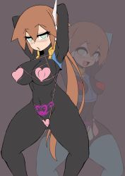 Rule 34 | 2girls, aile (mega man zx), arms behind head, arms up, bikini, black bodysuit, blush, bodysuit, breasts, brown hair, character request, condom, condom belt, feet out of frame, green eyes, grey background, heart, heart bikini, heart nipples, heart tattoo, highres, jewelry, long hair, looking at viewer, medium breasts, mega man (series), mega man zx, mega man zx advent, megaman zx advent, micro bikini, multiple girls, no pupils, panties, ponytail, pubic tattoo, robot ears, semikichi, simple background, small breasts, smile, swimsuit, tagme, tattoo, underwear, used condom, very long hair