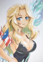 Rule 34 | 1girl, absurdres, armband, black one-piece swimsuit, blonde hair, blue eyes, breasts, commentary, girls und panzer, grey background, hair intakes, highleg, highleg swimsuit, highres, kay (girls und panzer), large breasts, long hair, one-piece swimsuit, parted lips, sawamaru30, smile, solo, swimsuit, traditional media
