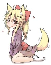 Rule 34 | 1girl, :d, animal ears, blonde hair, bow, breasts, fox ears, fox tail, hair bow, heart, japanese clothes, kimono, looking at viewer, natsu no koucha, obi, open mouth, original, ponytail, sash, short kimono, sidelocks, simple background, sitting, sketch, small breasts, smile, tail, white background