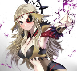 Rule 34 | 1girl, armpits, black lightning, blonde hair, breasts, clothing cutout, eyepatch, fake halo, fire emblem, fire emblem fates, fire emblem heroes, halo, large breasts, lightning, long hair, looking at viewer, navel, navel cutout, nintendo, o-ring, official alternate costume, ophelia (fire emblem), smile, solo, tara (szzj7733), v-shaped eyebrows