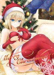Rule 34 | 10s, 1girl, alternate costume, bare shoulders, bikini, bikini top only, bismarck (kancolle), blonde hair, blue eyes, blush, breast lift, breasts, christmas, christmas ornaments, christmas tree, couch, crossed legs, curtains, denpa (denpae29), fur-trimmed bikini, fur-trimmed gloves, fur-trimmed legwear, fur trim, gloves, hair between eyes, half-closed eyes, hat, highres, kantai collection, large breasts, long hair, looking at viewer, lying, merry christmas, miniskirt, on back, on couch, red bikini, red gloves, red thighhighs, santa costume, santa hat, skirt, smile, solo, star (symbol), swimsuit, thighhighs, thighs, window