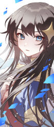 Rule 34 | 1girl, arm at side, black hair, blue eyes, blue jacket, commentary, confetti, epaulettes, from side, fur-trimmed jacket, fur trim, hair ornament, hand on own chest, hand up, highres, jacket, jacket on shoulders, kagura hikari, light particles, long hair, long sleeves, looking at viewer, looking to the side, parted lips, red sash, sash, shoujo kageki revue starlight, shoulder sash, simple background, solo, sparkle hair ornament, tareko, upper body, white background