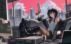 Rule 34 | 1girl, ahoge, alcohol, black footwear, black hair, black jacket, black necktie, black skirt, boots, breasts, briefcase, brown pantyhose, building, bullet, closed mouth, cloud, commentary, computer, couch, crossed bangs, crossed legs, cup, cushion, dated commentary, drinking glass, dual wielding, gun, hair between eyes, handgun, highres, holding, holding gun, holding weapon, jacket, knee boots, laptop, pantyhose under shorts, long hair, long sleeves, looking at viewer, medium breasts, mia (39565899), mole, mole under eye, monitor, navel, necktie, open clothes, original, pantyhose, pencil skirt, pink sky, red eyes, red sky, shirt, shorts, sitting, skirt, sky, sleeveless, sleeveless shirt, solo, sticky note, thighband pantyhose, weapon, white shirt, window, wine, wine glass