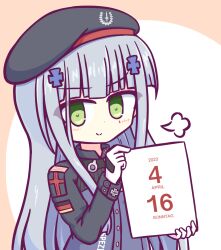 Rule 34 | 1girl, 2023, black hat, blunt bangs, blush, breath, buttons, dated, facial mark, girls&#039; frontline, green eyes, grey hair, hair ornament, hat, highres, hk416 (girls&#039; frontline), holding, jacket, kashimu, long hair, long sleeves, looking at viewer, solo, tactical clothes, upper body