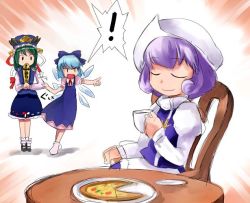 Rule 34 | !, 3girls, chair, cirno, cup, closed eyes, female focus, food, hat, hirosato, letty whiterock, mug, multiple girls, pizza, pointing, purple hair, rod of remorse, shiki eiki, table, touhou