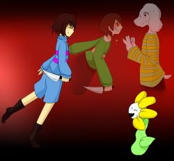 Rule 34 | 2boys, ^ ^, absurdres, androgynous, asriel dreemurr, black background, blush, blush stickers, boots, brown footwear, brown hair, chara (undertale), closed eyes, dual persona, empty eyes, evil smile, fangs, flower, flowey (undertale), frisk (undertale), frown, full body, gradient background, grin, heart, heart necklace, highres, holding, holding knife, holding weapon, jewelry, knife, long sleeves, looking at another, monster boy, multiple boys, necklace, nervous sweating, open mouth, pants, plant, red background, red eyes, scared, shaded face, shirt, short hair, shorts, smile, spoilers, striped clothes, striped shirt, striped sweater, sweat, sweater, tail, teeth, transparent, trembling, undertale, weapon, yellow flower