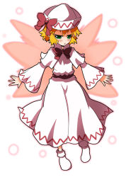 Rule 34 | 1girl, 221 (tsutsuichi), blonde hair, blush, bow, bowtie, commentary request, cosplay, dress, fairy wings, full body, green eyes, hat, hat bow, lily white, lily white (cosplay), long sleeves, looking at viewer, mizuhashi parsee, no shoes, open mouth, pointy ears, red bow, red bowtie, short hair, socks, solo, touhou, white background, white dress, white hat, white socks, wings