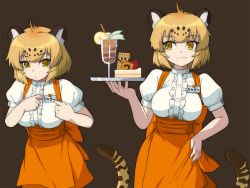 Rule 34 | 10s, 1girl, :3, alternate costume, animal ears, anna miller, bad id, bad nicoseiga id, blonde hair, blush, breasts, cake, character name, commentary request, food, hand on own hip, hat, iwahana, jaguar (kemono friends), jaguar ears, jaguar tail, kemono friends, medium breasts, multicolored hair, name tag, orange skirt, parfait, puffy short sleeves, puffy sleeves, shirt, short hair, short sleeves, simple background, skirt, smile, solo, tail, tray, waitress, white shirt, yellow eyes