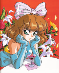 Rule 34 | 1980s (style), absurdres, bare shoulders, brown hair, cherry, dress, drink, flower, food, fruit, gloves, green eyes, highres, looking at viewer, mon-mon (miyazaki kenjin), official art, retro artstyle, retro artstyle, ribbon, rose, smile, staring, table