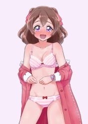 Rule 34 | 1girl, blush, boh stick, bow, bow bra, bow panties, bra, breasts, brown hair, cleavage, clothes pull, commentary, cowboy shot, delicious party precure, dress, dress pull, grey background, groin, hair ribbon, highres, long sleeves, looking at viewer, medium hair, nagomi yui, navel, off shoulder, open clothes, open dress, open mouth, panties, pink bra, pink dress, pink panties, pink ribbon, precure, purple eyes, ribbon, small breasts, smile, solo, standing, striped bra, striped clothes, striped panties, sweatdrop, two side up, underwear, wrist cuffs