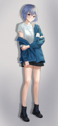 Rule 34 | 1girl, absurdres, ayanami rei, black footwear, black skirt, blue coat, closed mouth, coat, full body, grey background, hair between eyes, highres, ko tachi1104, long sleeves, looking at viewer, miniskirt, neon genesis evangelion, off shoulder, open clothes, open coat, red eyes, shirt, short hair, short sleeves, silver hair, skirt, solo, standing, t-shirt, white shirt