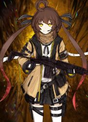 Rule 34 | 1girl, ahoge, ammunition pouch, anldiot, arm strap, armband, battle rifle, belt, black gloves, black ribbon, breasts, brown hair, combat knife, explosive, fractal, girls&#039; frontline, gloves, glowing, glowing eyes, grenade, gun, hair between eyes, headset, highres, holding, holding gun, holding weapon, jacket, knife, knife sheath, knife sheath, long hair, long sleeves, looking at viewer, m14, m14 (girls&#039; frontline), medium breasts, multicolored hair, neck ribbon, open clothes, open jacket, open mouth, partially fingerless gloves, pleated skirt, pouch, rainbow six siege, ribbon, rifle, scarf, sheath, shirt, sidelocks, skirt, smile, solo, strap, thigh strap, thighhighs, thighs, trigger discipline, twintails, weapon, white shirt, white thighhighs, yellow eyes, zettai ryouiki