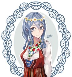 Rule 34 | 1girl, alakoala, blue eyes, blue hair, commentary request, cowboy shot, dated, dress, floral print, gotland (kancolle), head wreath, highres, kantai collection, long hair, long sleeves, mole, mole under eye, shirt, signature, solo, swedish clothes, white shirt