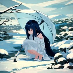 Rule 34 | 1girl, azumawari (azumofu), black hair, branch, closed mouth, commentary request, day, full body, hair over one eye, holding, holding umbrella, long hair, long sleeves, off shoulder, outdoors, red eyes, shirt, sleeves past fingers, sleeves past wrists, snow, snowing, solo, the ring, tiptoes, umbrella, very long hair, white footwear, white shirt, yamamura sadako