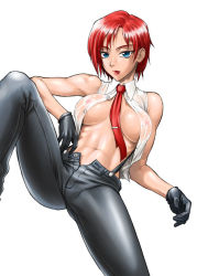 Rule 34 | 1girl, abs, bang-you, blue eyes, breasts, gloves, large breasts, lipstick, lying, makeup, mature female, muscular, muscular female, necktie, nipples, no bra, open clothes, open fly, open shirt, red hair, see-through, shiny skin, shirt, short hair, simple background, snk, solo, the king of fighters, unzipped, vanessa (kof), white background