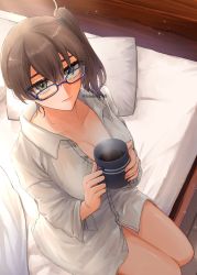 Rule 34 | 1girl, bespectacled, blue-framed eyewear, breasts, brown hair, cleavage, coffee, coffee mug, collarbone, cup, dress shirt, light particles, eyelashes, from above, glasses, glasses day, green eyes, hair tie, highres, indoors, kaga (kancolle), kantai collection, large breasts, lips, looking at viewer, machi (ritovoyage), morning, mug, naked shirt, on bed, open clothes, open shirt, pillow, shirt, side ponytail, sitting, solo, steam, sunlight, thighs, tsurime, twitter username, wooden floor