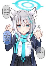 Rule 34 | 1girl, absurdres, animal ear fluff, animal ears, black jacket, black skirt, blue archive, blue eyes, blue halo, blue necktie, blue scarf, bright pupils, claw pose, clov er, cross hair ornament, english text, grey hair, hair between eyes, hair ornament, halo, highres, jacket, long sleeves, looking at viewer, mismatched pupils, necktie, open clothes, open jacket, open mouth, scarf, shiroko (blue archive), shirt, shirt tucked in, simple background, skirt, speech bubble, typo, white background, white pupils, white shirt, wolf ears