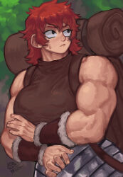 Rule 34 | absurdres, backpack, bag, bedroll, black eyes, bracer, dungeon meshi, dwarf, forest, frown, fur trim, gabriel ales, highres, looking to the side, muscular, muscular female, namari (dungeon meshi), nature, nervous, red hair, signature, sweat, tomboy