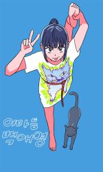 Rule 34 | 1girl, animal, animal print, baek ae-young, barefoot, belt, black hair, blue background, cat, cat print, closed mouth, commentary request, eoduun badaui deungbul-i doeeo, full body, grey eyes, highres, holding own foot, korean commentary, korean text, leg up, long hair, looking at viewer, moonmunsea, ponytail, print shirt, red belt, shirt, short sleeves, sidelocks, simple background, smile, solo, standing, standing on one leg, tongue, tongue out, translation request, v