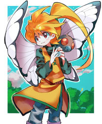 Rule 34 | 1girl, blonde hair, border, bug, butterfly, butterfree, creatures (company), feet out of frame, game freak, gen 1 pokemon, highres, holding, holding poke ball, hyou (hyouga617), insect, long hair, long sleeves, nintendo, outline, outside border, parted lips, pikachu, poke ball, poke ball (basic), pokemon, pokemon (creature), pokemon adventures, ponytail, red eyes, white border, white outline, yellow (pokemon)
