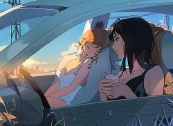 Rule 34 | 2girls, arm tattoo, artist name, black hair, black tank top, blue eyes, blue sky, breasts, car, car interior, cleavage, closed eyes, cloud, cloudy sky, coffee cup, commentary, contemporary, cup, day, disposable cup, english commentary, eyewear on head, from side, glasses, grass, holding, holding cup, light smile, looking at another, marmaladica, medium breasts, medium hair, motor vehicle, multiple girls, nami (one piece), nico robin, one piece, open mouth, orange hair, outdoors, pillow, profile, short hair, signature, sitting, sky, skyline, sleeping, sleeping upright, sleeveless, smile, steering wheel, strap slip, tank top, tattoo, upper body, utility pole, white tank top, wind