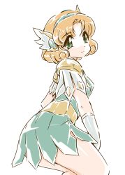 Rule 34 | 1990s (style), 1girl, armor, armored dress, brown hair, gloves, green eyes, green skirt, hairband, hououji fuu, magic knight rayearth, official alternate costume, okuri ookami, retro artstyle, short hair, shoulder pads, skirt, smile, solo, white background, white gloves