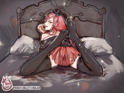 Rule 34 | 10s, 1girl, animal ears, artist name, bad id, bad tumblr id, bare shoulders, bed, cat ears, darling in the franxx, feet, feet up, female focus, licking finger, garter straps, legs up, licking, long hair, looking at viewer, lying, naughty face, on stomach, pink hair, presenting, red eyes, signature, skirt, socks, solo, spread legs, thighhighs, thighs, tongue, tongue out, yeougui, zero two (darling in the franxx)